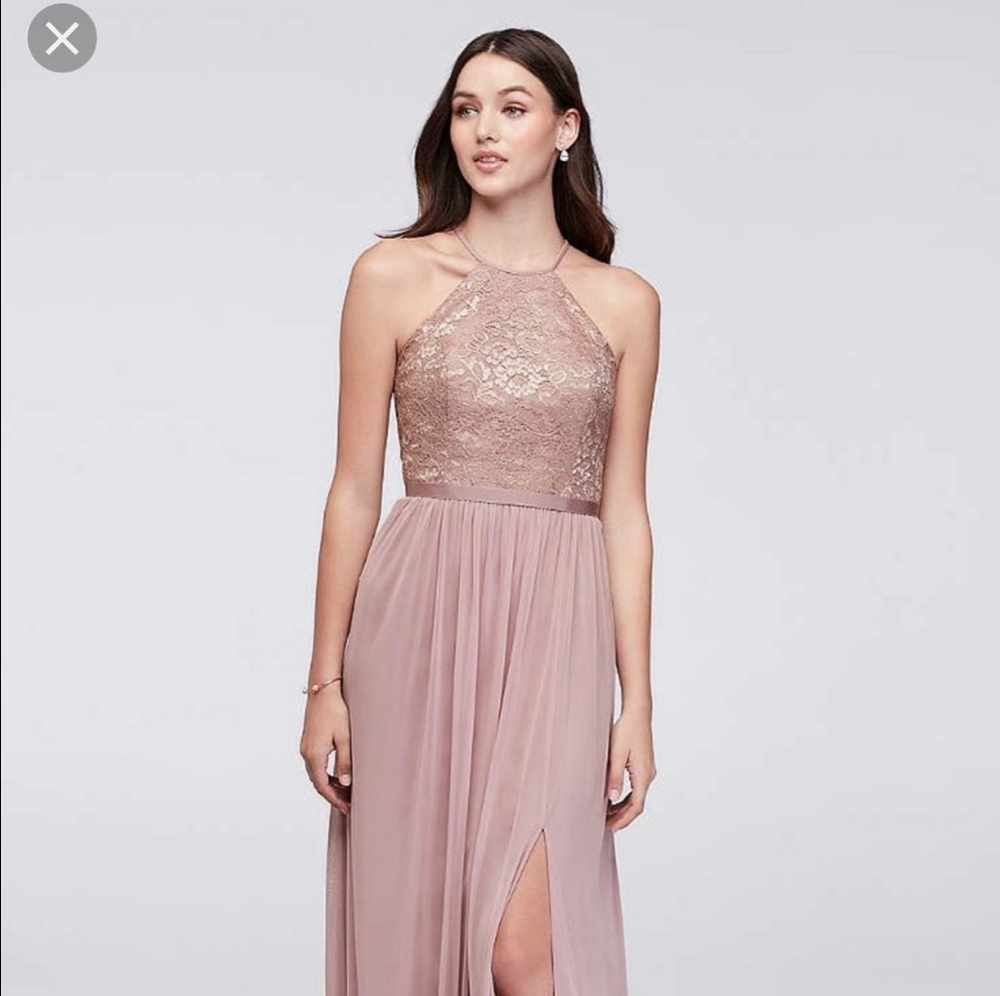 Size 8 David's Bridal Dusty Rose Gold Metallic Lace & Mesh High Neck Open Back